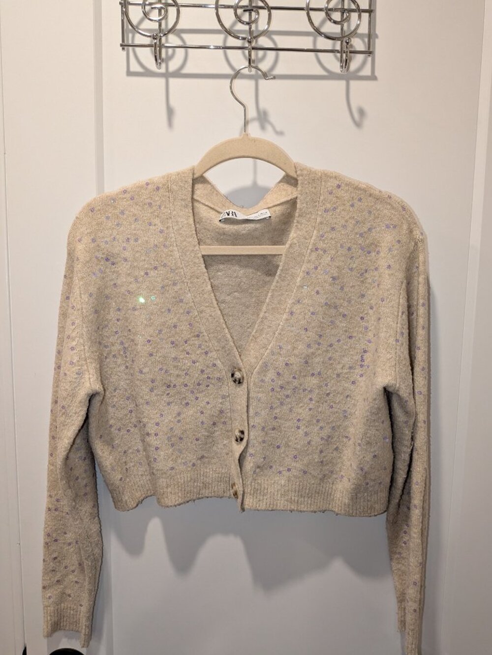 Zara Oatmeal Cropped Cardigan with Lilac Sequin Flowers Size S